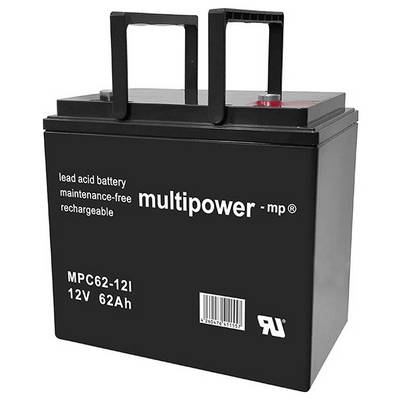 Czarna bateria ołowiowo-kwasowa z napisem 'multipower - mp®'. Numer modelu MPC62-12I, 12V, 62Ah. Bezobsługowa i do ładowania.