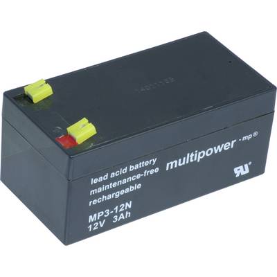 Prostokątna, bezobsługowa bateria ołowiowo-kwasowa 12V marki 'multipower', z żółtymi i czerwonymi zaciskami. Odpowiednia do zastosowań z możliwością ładowania.