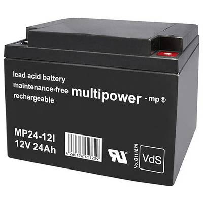 Na zdjęciu widać bezobsługową baterię ołowiowo-kwasową marki Multipower o numerze modelu MP24-12I. Posiada ona 12 V i 24 Ah.