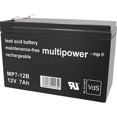 Czarna, niewymagająca konserwacji bateria ołowiowa z napisem 'lead acid battery', 'multipower', 12V, 7Ah. Widoczny kod kreskowy i certyfikaty.