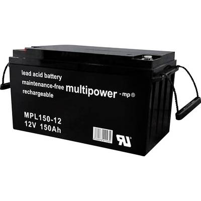 Czarna bezobsługowa akumulatorowa bateria ołowiowo-kwasowa Multipower, możliwa do ładowania. Model: MPL150-12, napięcie: 12V, pojemność: 150Ah.