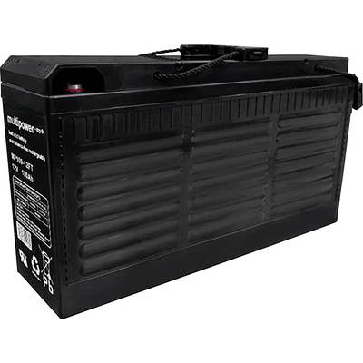 Bateria w czarnej obudowie, z napisem 'multipower MP10-12FT'; 12 V, 10 Ah. Odpowiednia do systemów zasilania awaryjnego i urządzeń.