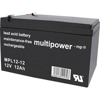 'Czarna, regenerowana bateria ołowiowo-kwasowa 12V 12Ah, bezobsługowa. Napis: "multipower - mp".'