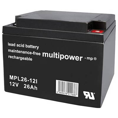 Czarna bateria ołowiowo-kwasowa z napisem 'lead acid battery', 'multipower', 'MPL26-12I', '12V 26Ah'. Bezobsługowa i wielokrotnego ładowania.