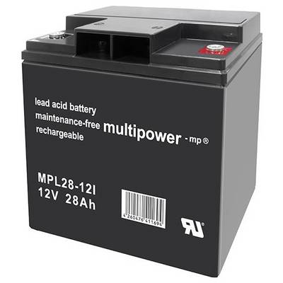 Czarna bateria żelowa 12V 28Ah firmy Multipower, bezobsługowa i ładowalna, z kodem kreskowym i oznaczeniami bezpieczeństwa.