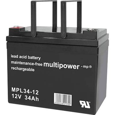 Czarna bateria ołowiowo-kwasowa, oznaczona jako 'maintenance-free multipower', 12V, 34Ah, stojąca pionowo z dwoma uchwytami.