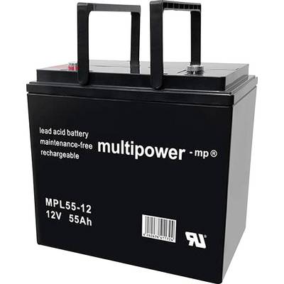 'Czarna bateria ołowiowo-kwasowa, bezobsługowa, akumulatorowa, 12V, 55Ah, marka Multipower, model MPL55-12.'