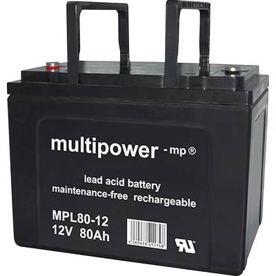 Czarna bateria żelowo-kwasowa 12V, 80Ah marki 'multipower', bezobsługowa i ładowalna.