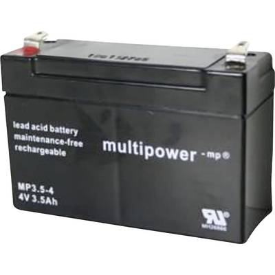 Czarny, ładowalny akumulator ołowiowo-kwasowy z napisem 'multipower mp 3,5-4 4V 3.5Ah', przeznaczony do użytku bezobsługowego.
