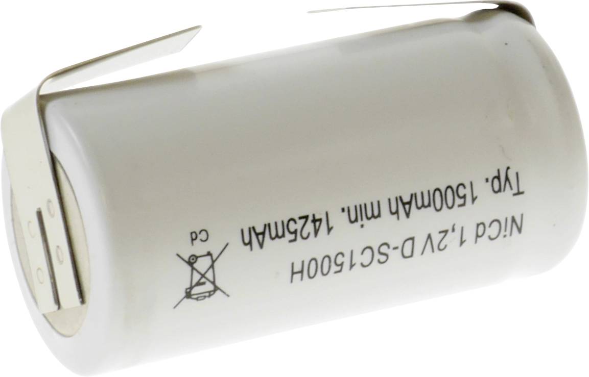 Cylindryczny akumulator ładowalny z napisem: 'NiCd 1,2V D 361500H TYP 1500mAh min. 1425mAh.' Wyposażony w metalowe styki do podłączenia.