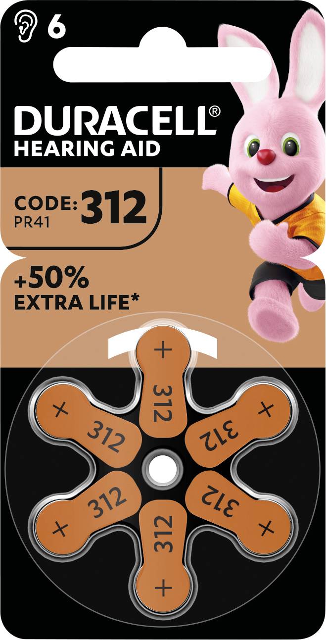 Baterie do aparatów słuchowych Duracell PR41, kod 312, obiecują +50% dłuższą żywotność. Pakowane po sześć sztuk wraz z maskotką.