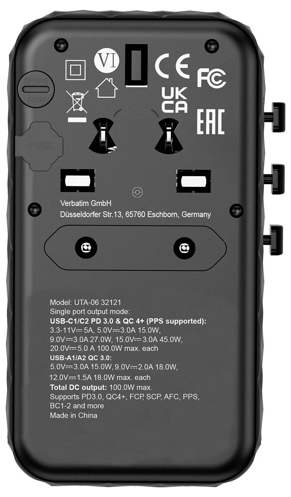 USB-зарядний пристрій Verbatim UTA-06 GaN III 100 Вт 2x USB-A, 2x USB-C® Power Delivery, Power Delivery 3.0, QC 4+, Fast Charge, S