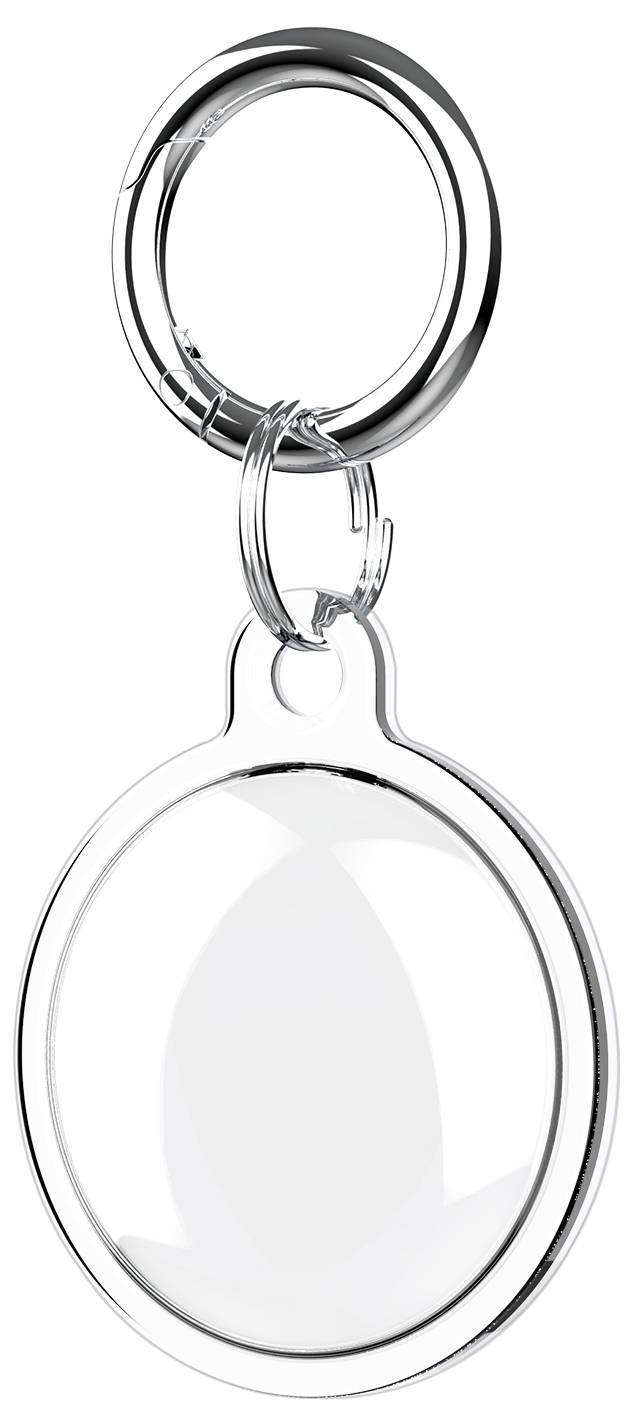 Pusty, owalny brelok do kluczy wykonany z przezroczystego materiału z srebrnym kółkiem u góry.