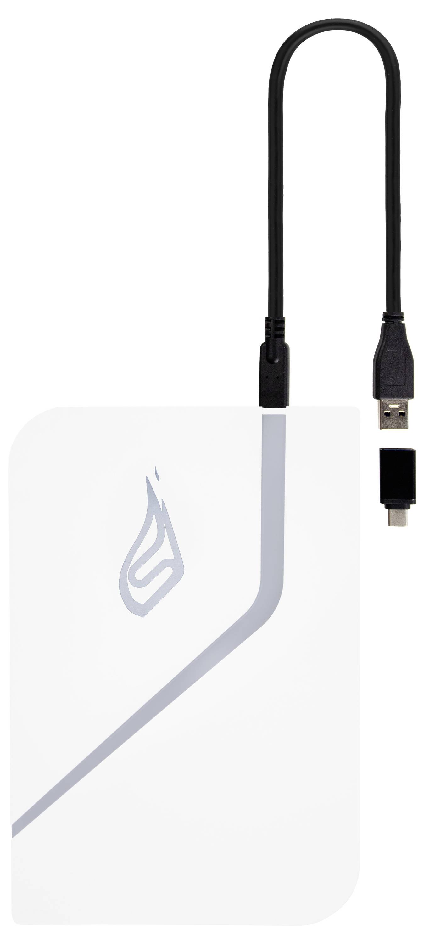 Zewnętrzny dysk twardy z kablem USB. Biała obudowa z szarymi liniami i logo na górnej powierzchni.