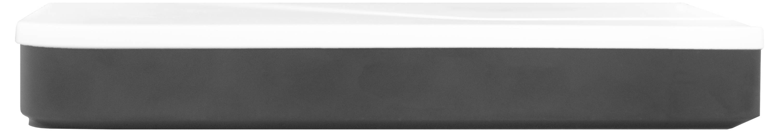 Prostokątne pudełko z białą pokrywką i czarną podstawą, które wygląda neutralnie i minimalistycznie.