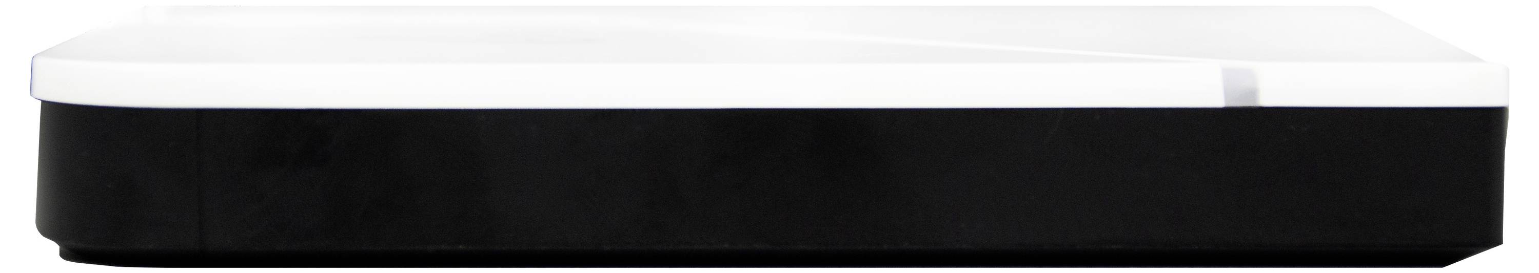 Czarne i białe prostokątne urządzenie, widok z boku. Może to być urządzenie techniczne lub elektroniczne.