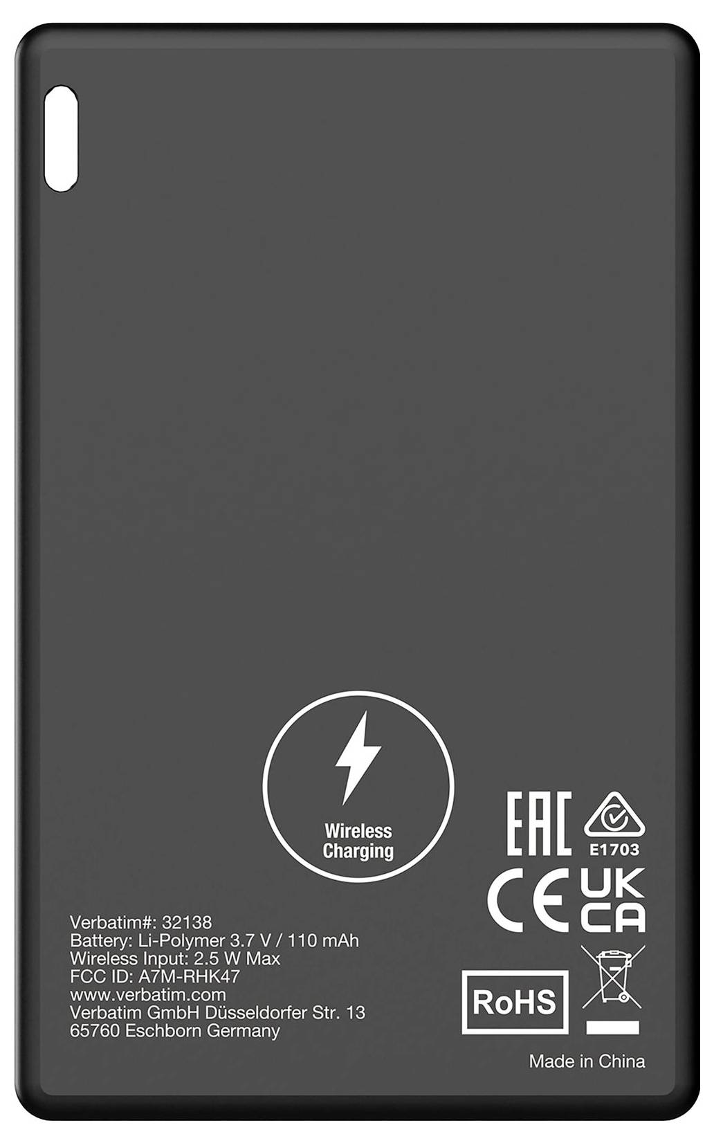 Czarny przenośny powerbank z ładowaniem bezprzewodowym i różnymi logami certyfikacyjnymi na tylnej stronie.