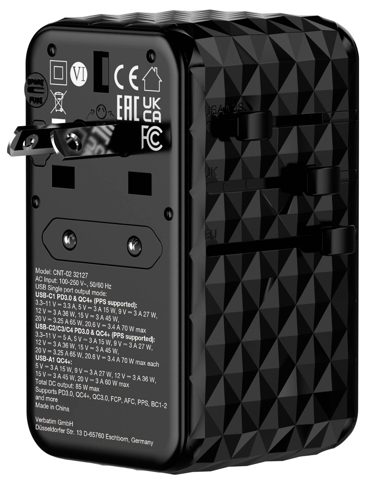 'Czarna, kompaktowa ładowarka z rozsuwaną wtyczką EU; specyfikacje techniczne i logo jednostek certyfikujących na tylnej stronie.'