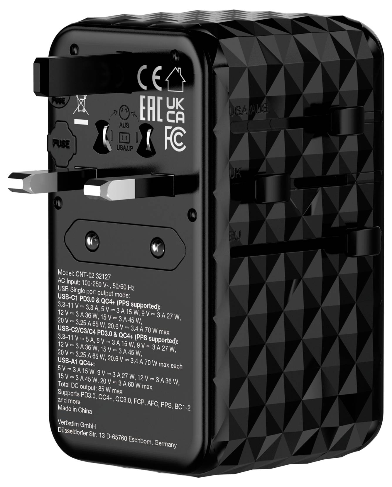 Czarny, uniwersalny adapter podróżny z różnymi opcjami wtyczek, odpowiedni do międzynarodowego zasilania.