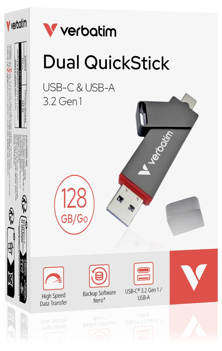 Opakowanie pendrive'a Verbatim Dual QuickStick o pojemności 128 GB. Obsługuje złącza USB-C i USB-A, standard 3.2 Gen 1. Funkcje: szybki transfer danych, oprogramowanie do tworzenia kopii zapasowych.