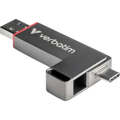 Pendrive z logo Verbatim, wyposażony zarówno w złącze USB-A, jak i USB-C, oferujący wszechstronne możliwości podłączenia.
