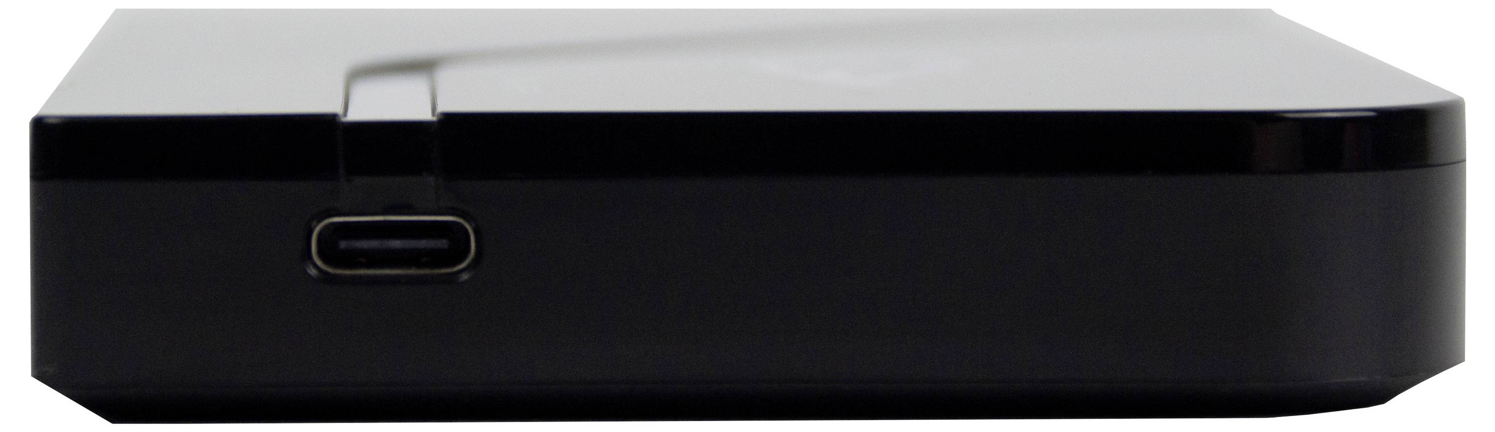 Zewnętrzny dysk twardy, czarna obudowa, widoczne złącze USB-C.