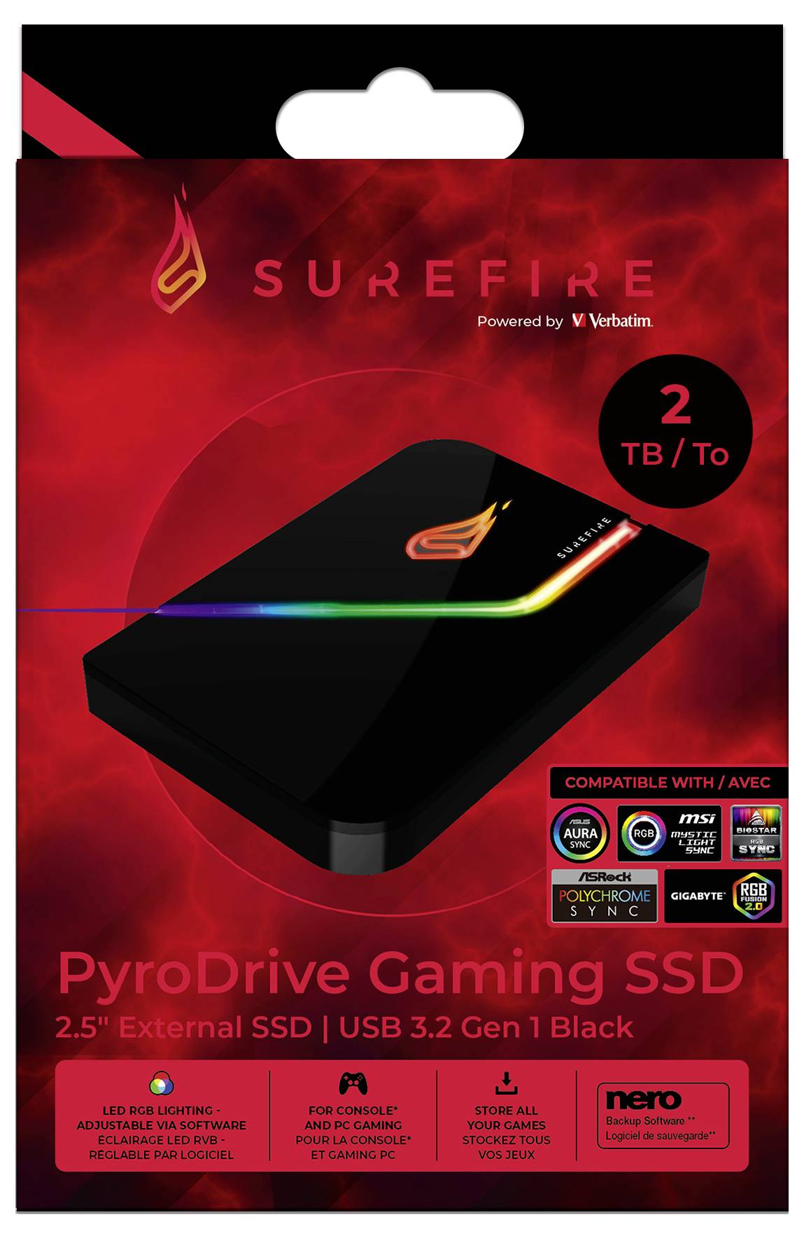 Zewnętrzny dysk SSD z serii 'SureFire PyroDrive Gaming SSD', 2 TB pamięci, USB 3.2 Gen 1, kompatybilny z Aura Sync i Mystic Light.