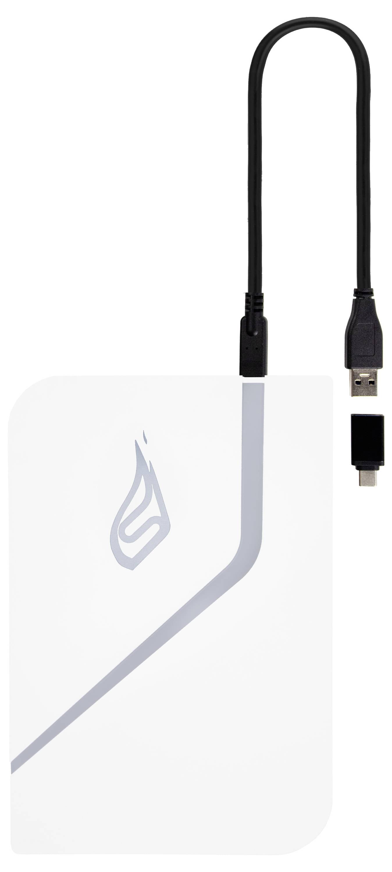 Zewnętrzny dysk twardy z kablem USB. Obudowa w białym kolorze z szarym logo na przedniej stronie.