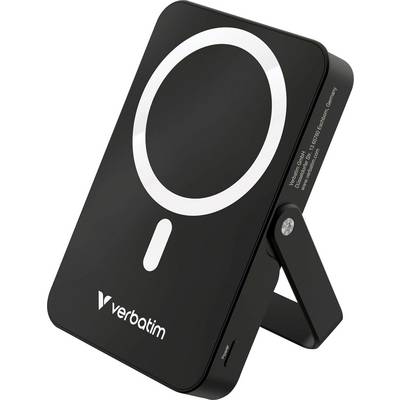 Czarna ładowarka Verbatim z wbudowanym stojakiem i kompatybilnością z MagSafe.