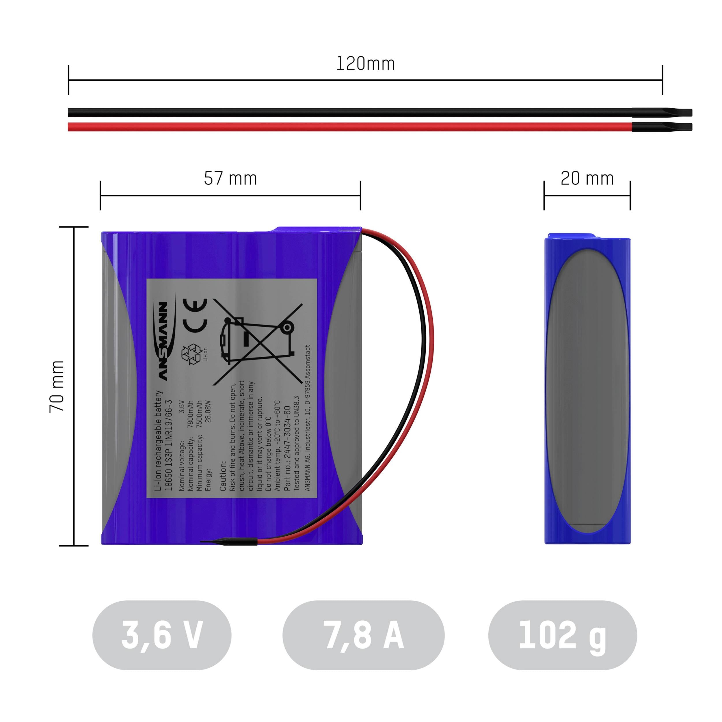 Акумулятор Ansmann 1S3P Akkupack Li-Ion, 3x 18650 Li-Ion 3.6V 7800mAh, кабель, кількість елементів: 3, 3.6 V, 7800 mAh