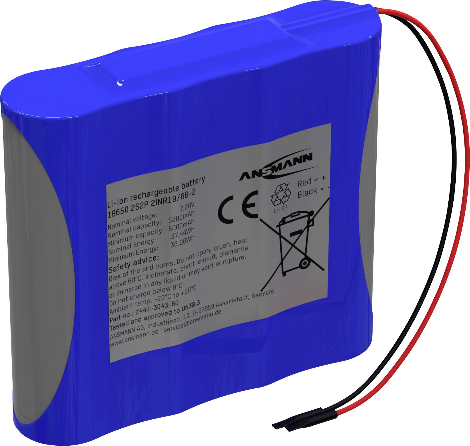 Акумулятор Ansmann 2S2P Akkupack Li-Ion, 4x 18650 Li-Ion, кабель 7.2V 5200mAh, Кількість елементів: 4, 7.2 V, 5200 mAh