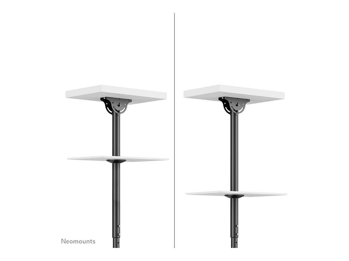 Dwie białe półki, po lewej stronie z mechanizmem obrotowym, po prawej stronie stacjonarne. Obie zamocowane są na czarnych podporach.