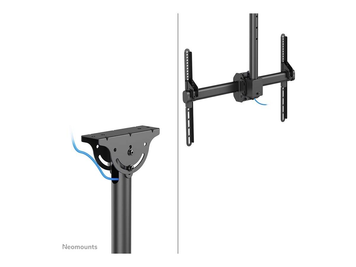 Uchwyt Neomounts do dwóch monitorów z systemem zarządzania kablami, nadający się do montażu ściennego lub mocowania na biurku.