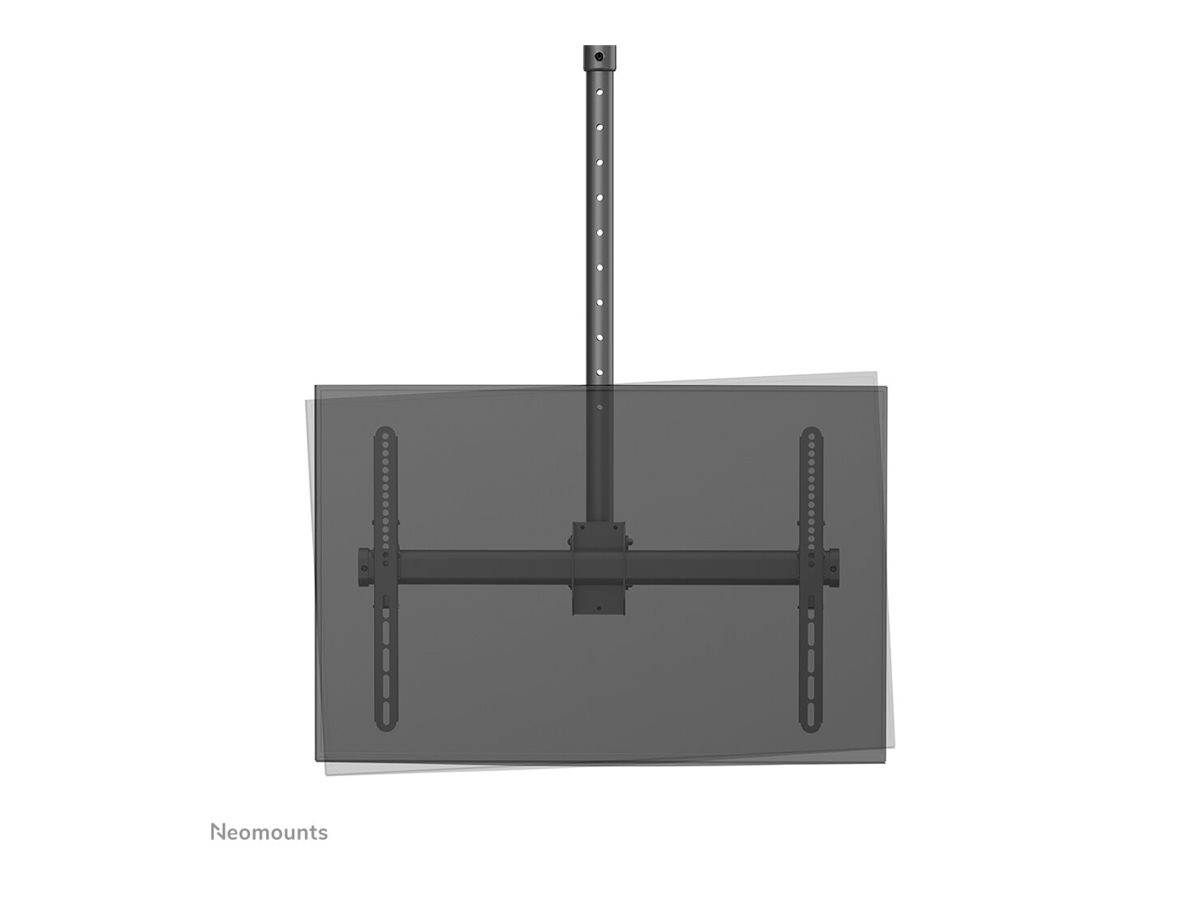 Uchwyt sufitowy do telewizora przedstawia ekran zawieszony na regulowanym, czarnym uchwycie przymocowanym do metalowej podpory.