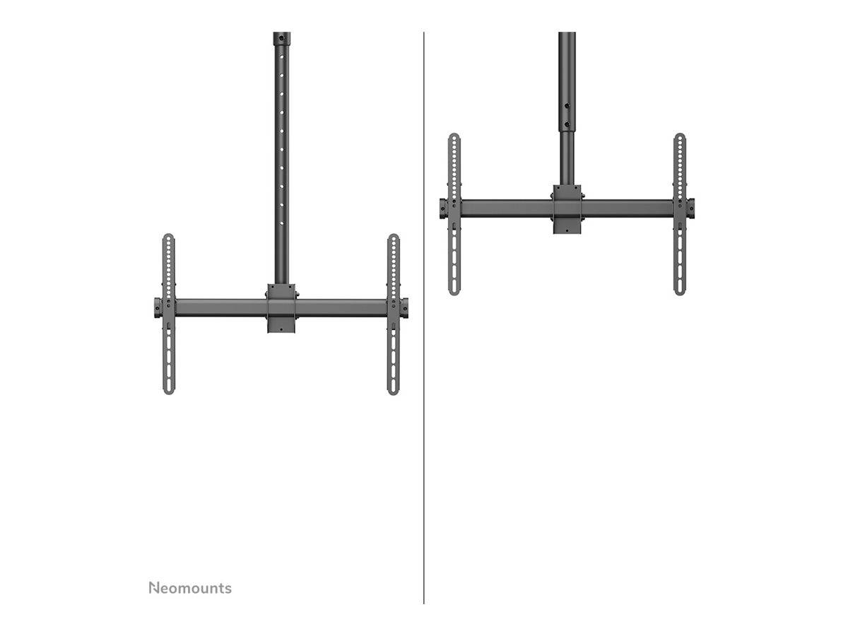 Uchwyt sufitowy do ekranów TV, dwa widoki: widok z przodu po lewej, widok z boku po prawej. Marka: Neomounts.