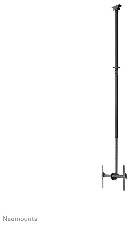 Czarny uchwyt sufitowy do telewizora. Długi drążek z regulowaną wysokością i regulowanym uchwytem. Odpowiedni dla różnych rozmiarów ekranów.
