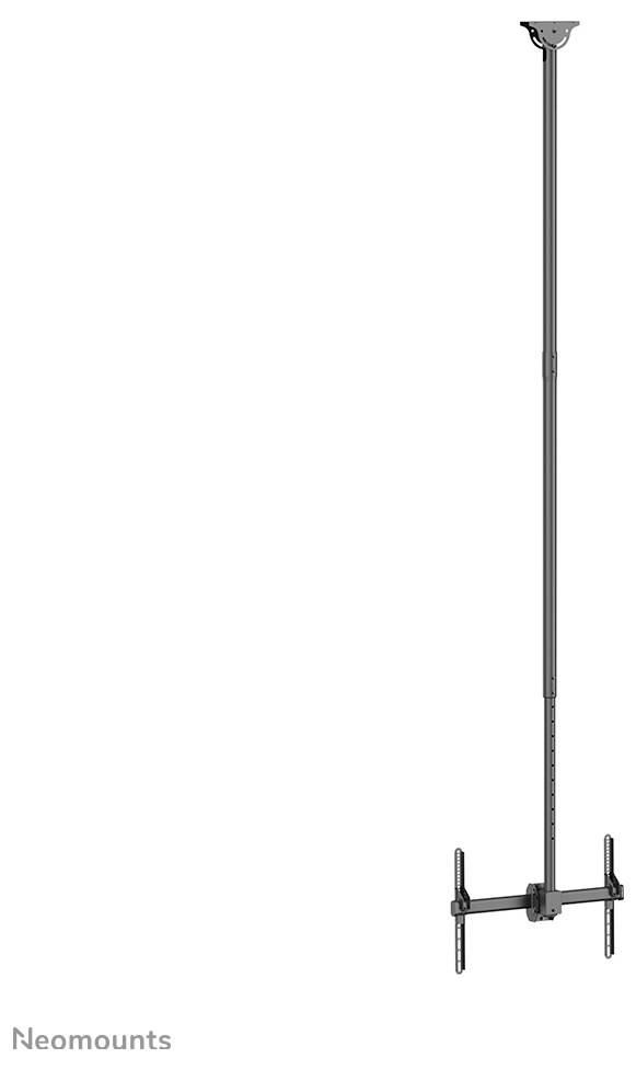 Długi, regulowany uchwyt sufitowy do telewizora, idealny do wysokich sufitów, z funkcją pochylania i obracania, umożliwiający różne kąty widzenia.