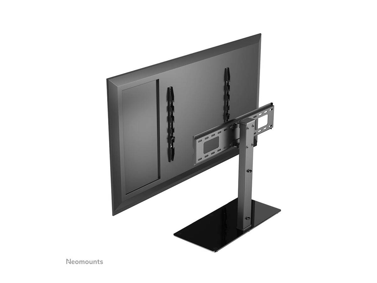 Widok z tyłu ekranu zamocowanego na czarnym stojaku, przedstawiający mocowanie i podstawę zapewniającą stabilne podparcie.