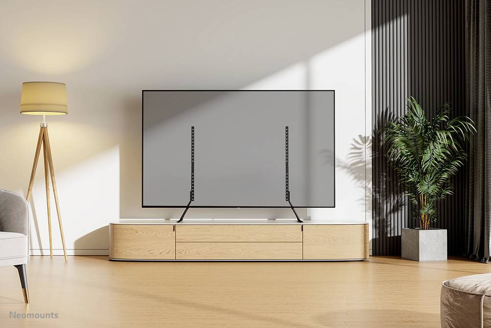 Nowoczesny telewizor stoi na drewnianej szafce RTV w stylowo urządzonym salonie, obok lampy i rośliny.