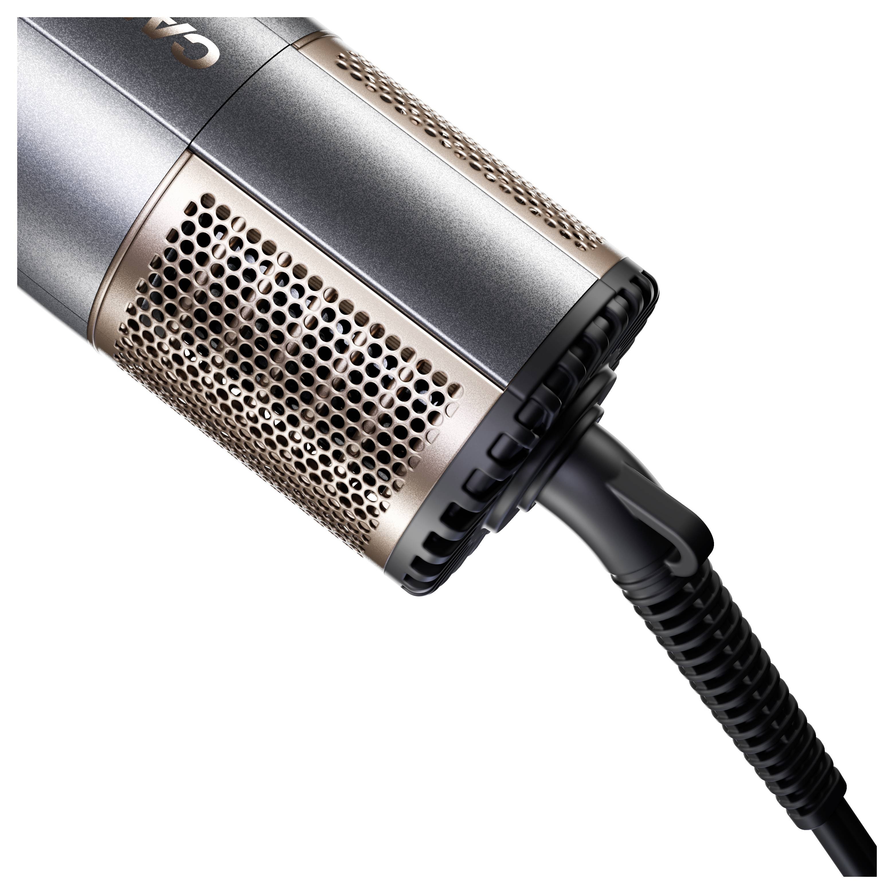 Suszarka z czarnym uchwytem i akcentami w kolorze brązu. Szczeliny wentylacyjne są dobrze widoczne i prezentują nowoczesny design.