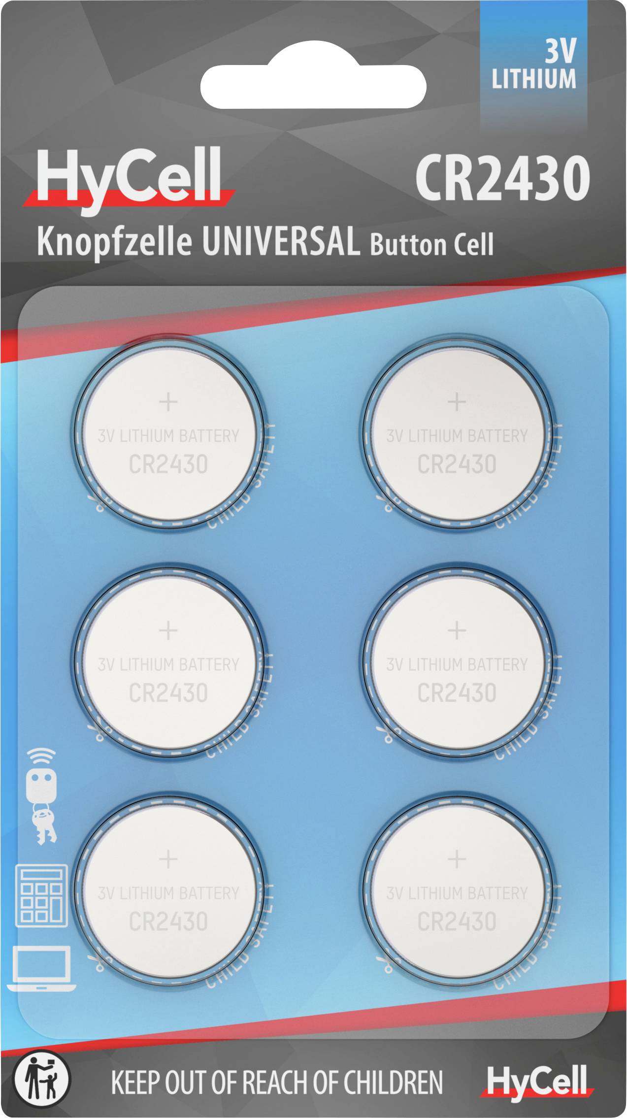 Літієві ґудзикові батарейки CR 2430 HyCell 6 блістерів, CR2430 3 В, 1 шт., літієві