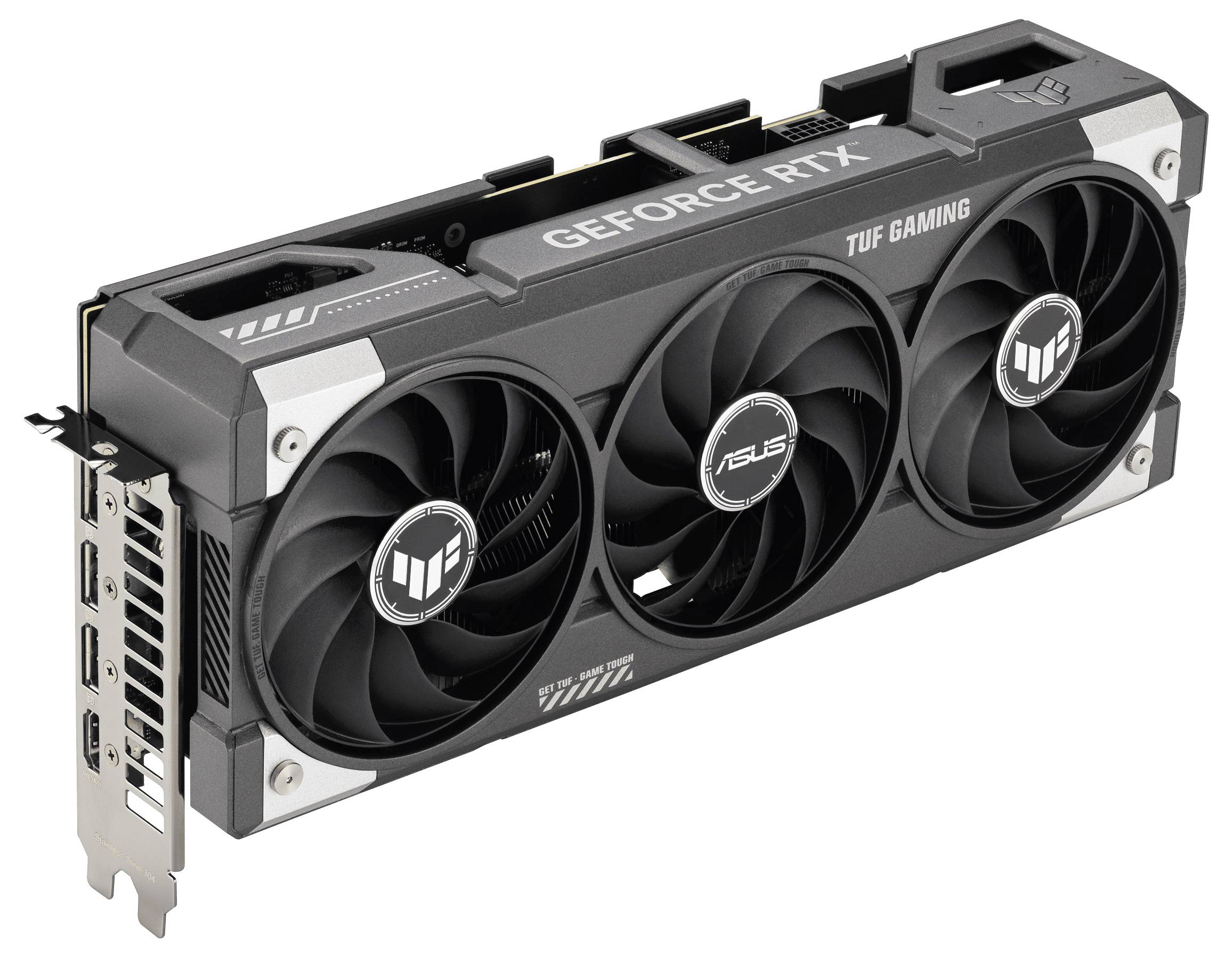 Trzykrotnie chłodzona wentylatorami karta graficzna marki ASUS, model GeForce RTX, seria TUF Gaming.