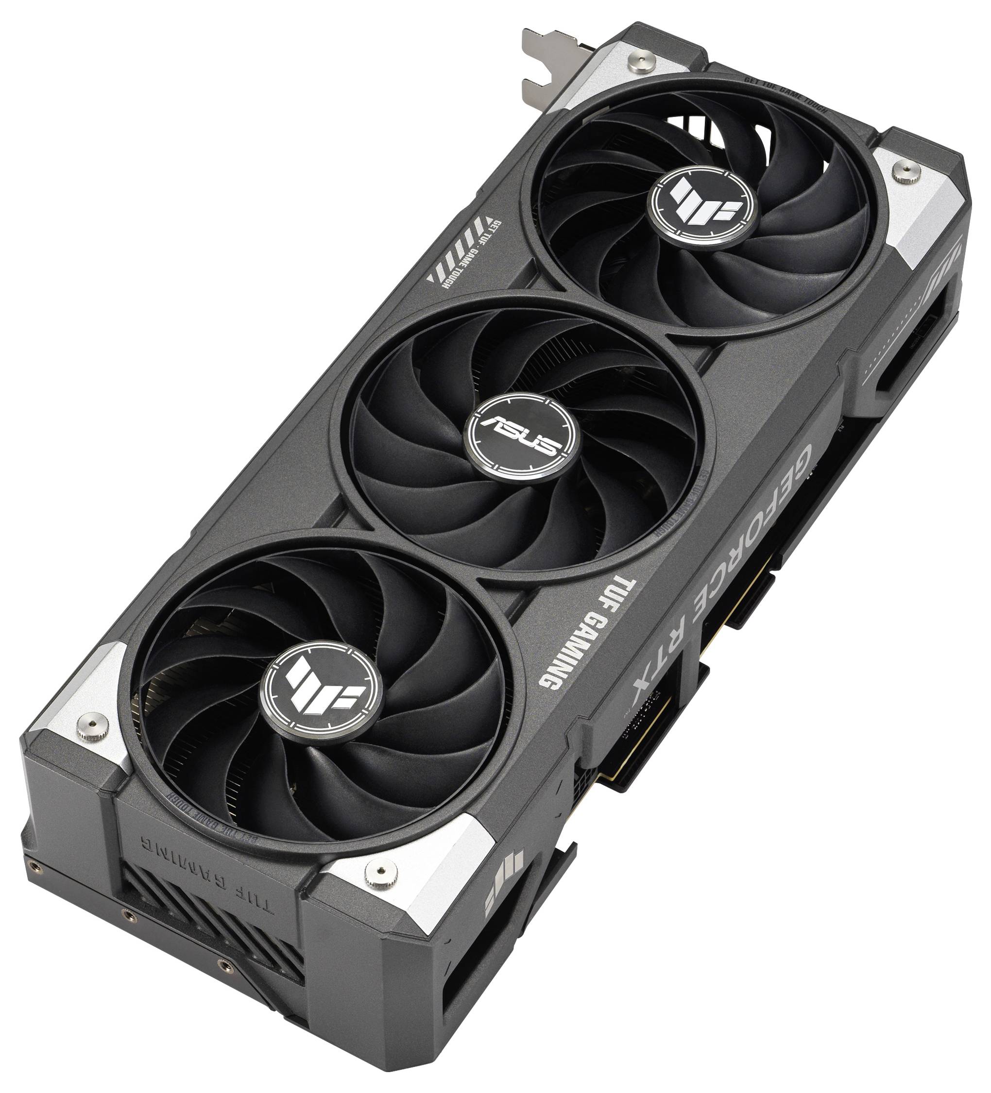 Czarna karta graficzna z trzema wentylatorami. Na boku karty widnieje napis 'ASUS' oraz 'GeForce RTX'.