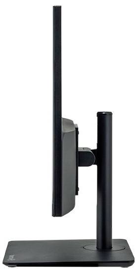 Smukły, czarny monitor komputerowy sfotografowany z boku, ukazujący wąski profil i regulowaną podstawę.