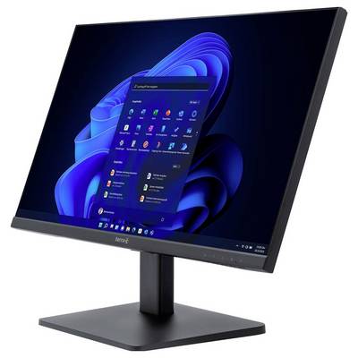 Czarny monitor komputerowy z pulpitem systemu Windows jest widoczny pod skosnym kątem z boku. Na ekranie widoczne są ikony i menu.