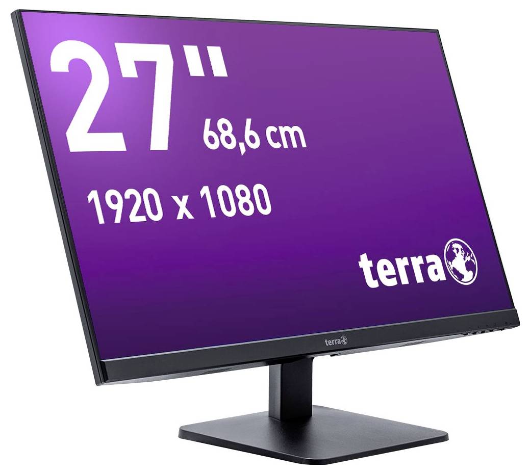 Monitor 'Terra' z widokiem z boku. Ekran wyświetla specyfikacje: 27 cali (68,6 cm), rozdzielczość 1920 x 1080.