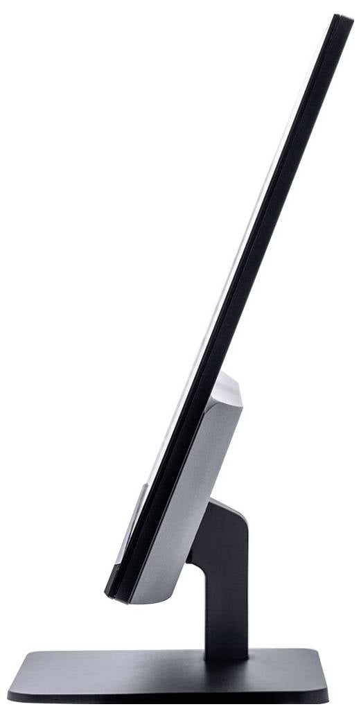 Płaski monitor komputerowy widziany z boku, prezentujący cienki profil na czarnej podstawce.