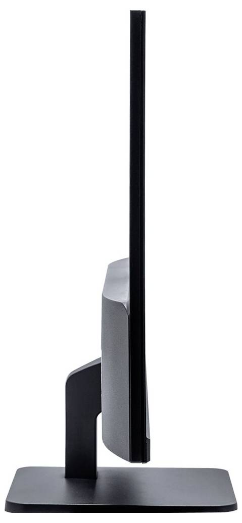 Boczny profil bardzo cienkiego monitora komputerowego na podstawce, ukazujący smukłą budowę ekranu.