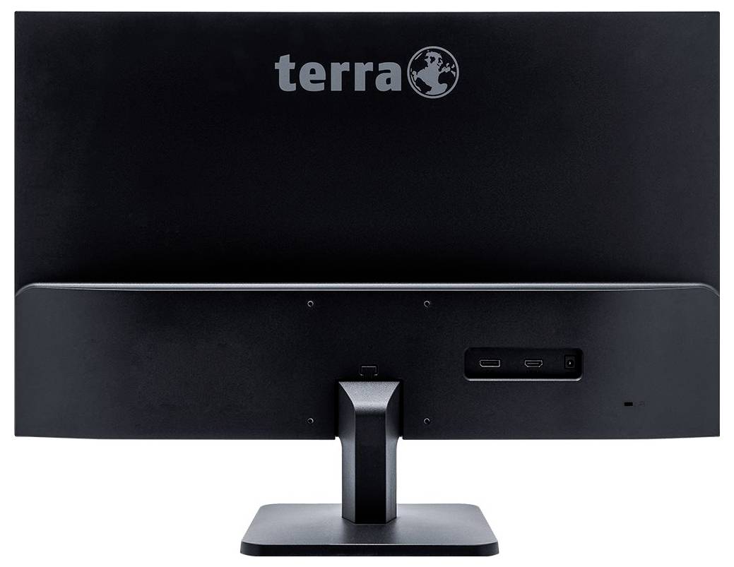 Czarny ekran komputerowy widziany od tyłu, marki 'terra', z widocznymi złączami na tylnej ściance.