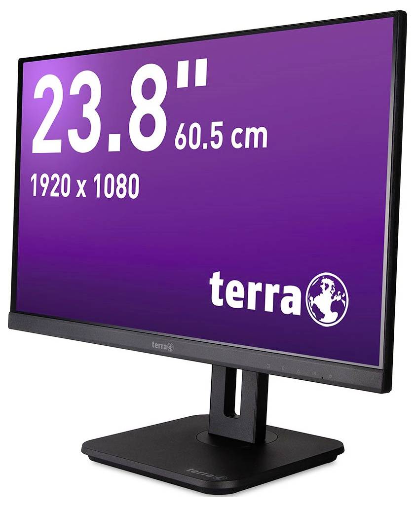 Czarny monitor widziany z boku, o przekątnej ekranu 23,8 cala, rozdzielczości 1920x1080, na fioletowym tle z logo 'terra'.